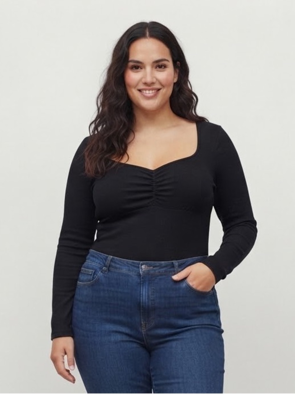 🆕 Ruched Square-Neck Ribbed Long Sleeve Bodysuit